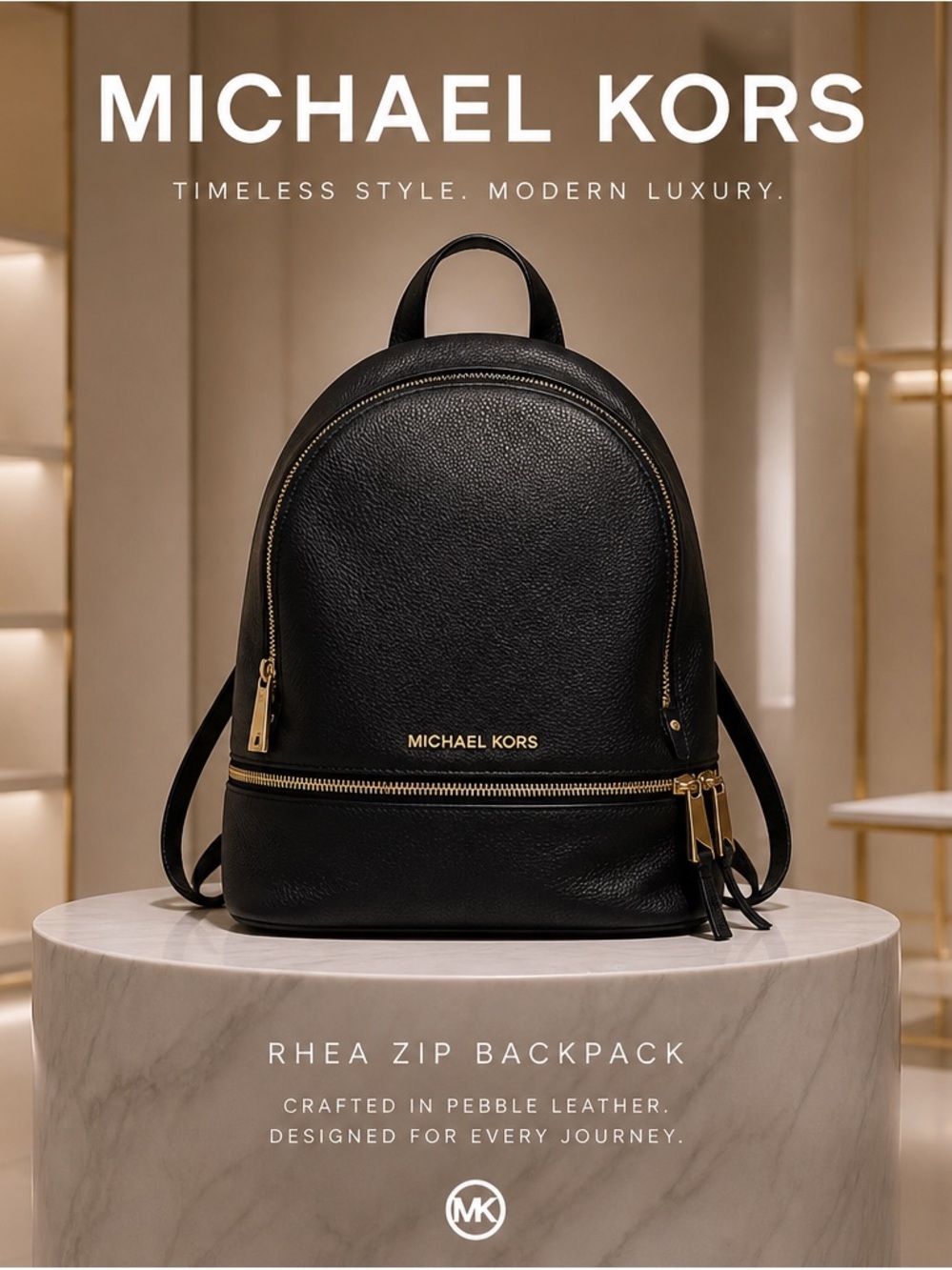 Michael Kors Black Pebble Leather Rhea Zip Backpack with Gold-Tone Hardware